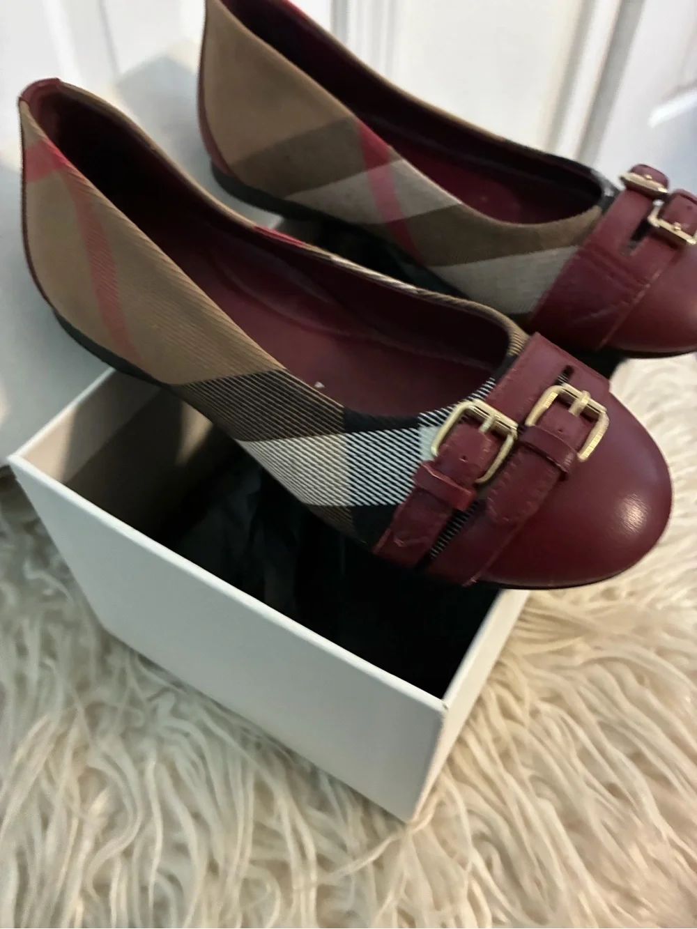Burberry Girl’s Burgundy Plaid Ballet Flats